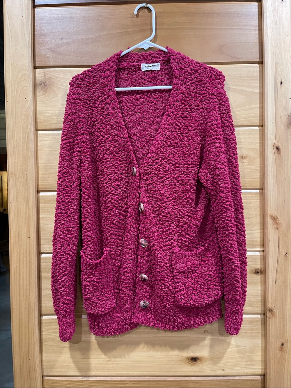 Zenana Outfitters Raspberry Popcorn Knit Button-Front Cardigan